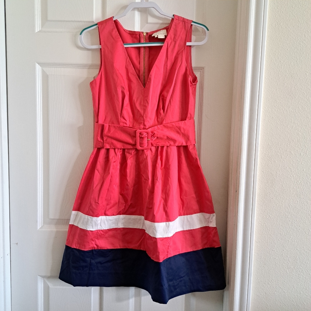 kate spade Red Pink and Navy Colorblock Belted Fit-and-Flare Dress